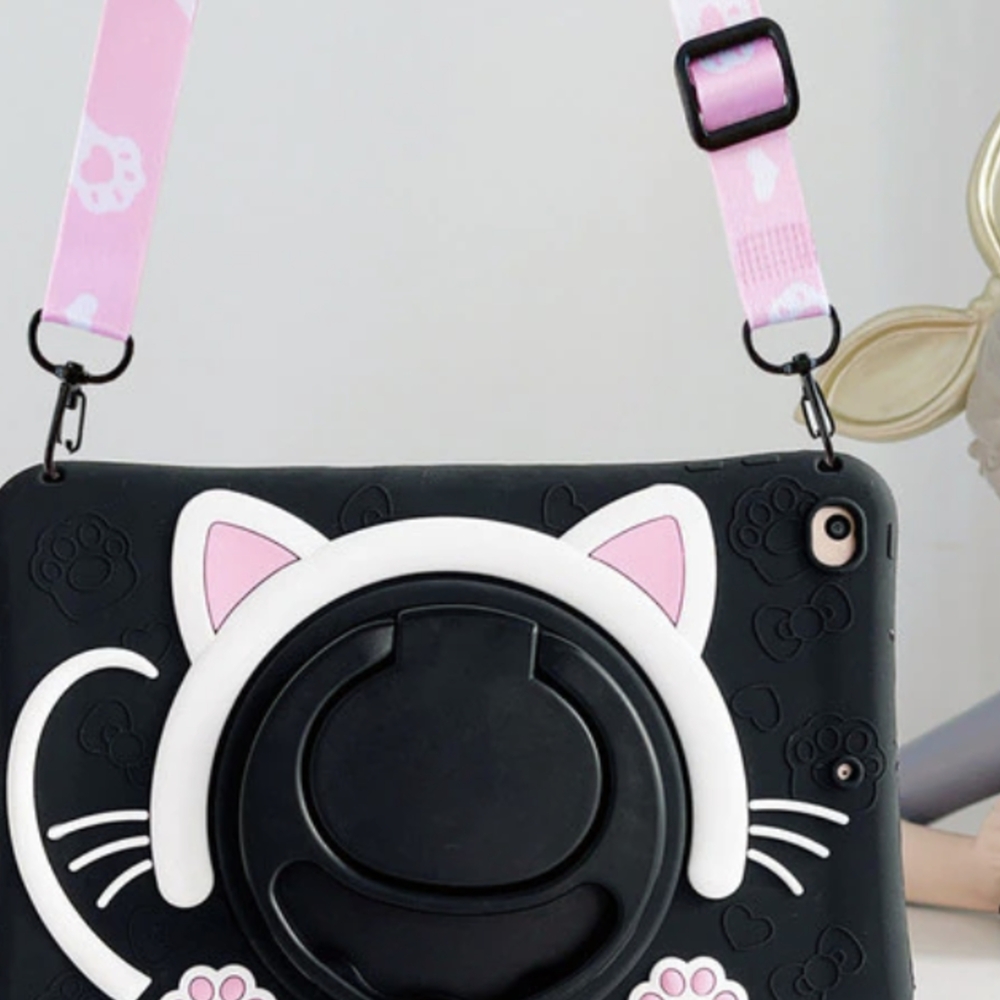 Cute Cat Tablet Case with Strap - Black and Pink